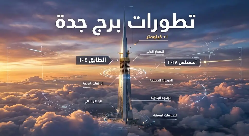 إنفوجرافيك ثلاثي الأبعاد يستعرض تطورات بناء برج جدة، يبرز وصوله للطابق 104 والجدول الزمني لعام 2028.