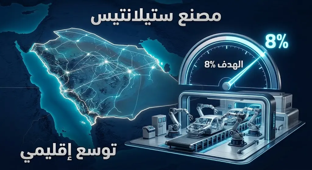 تصميم بصري لخطط مجموعة ستيلانتيس لإنشاء مصنع سيارات في السعودية، يبرز هدف الشركة لرفع حصتها السوقية في الخليج إلى 8 بالمئة.
