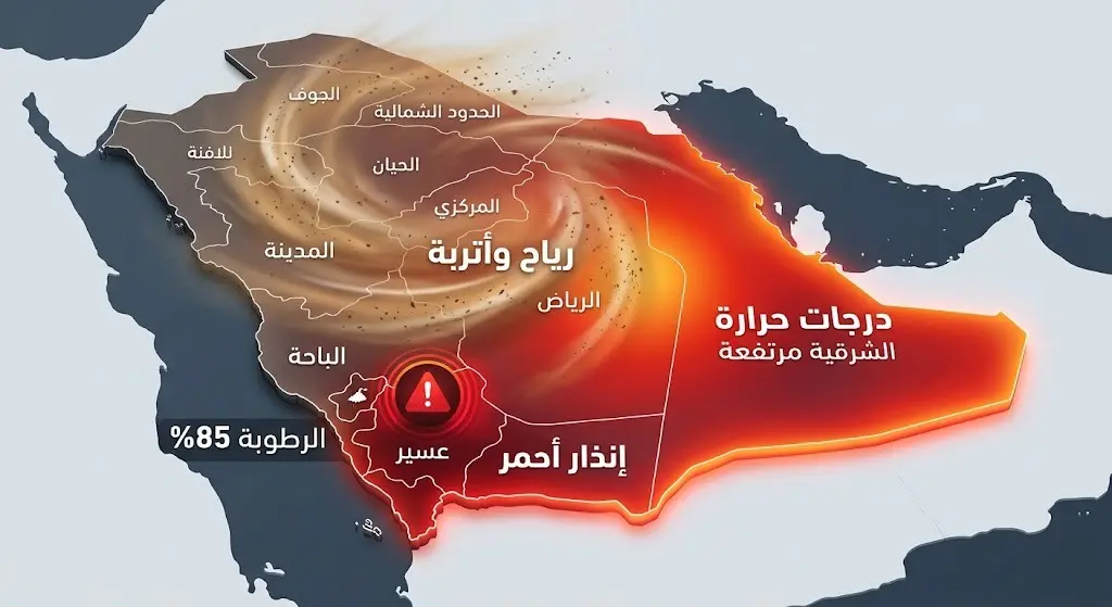 إنفوجرافيك لخرائط الطقس في السعودية يوضح ارتفاع درجات الحرارة بالشرقية والرياح النشطة بمناطق مختلفة مع إنذار أحمر في عسير.