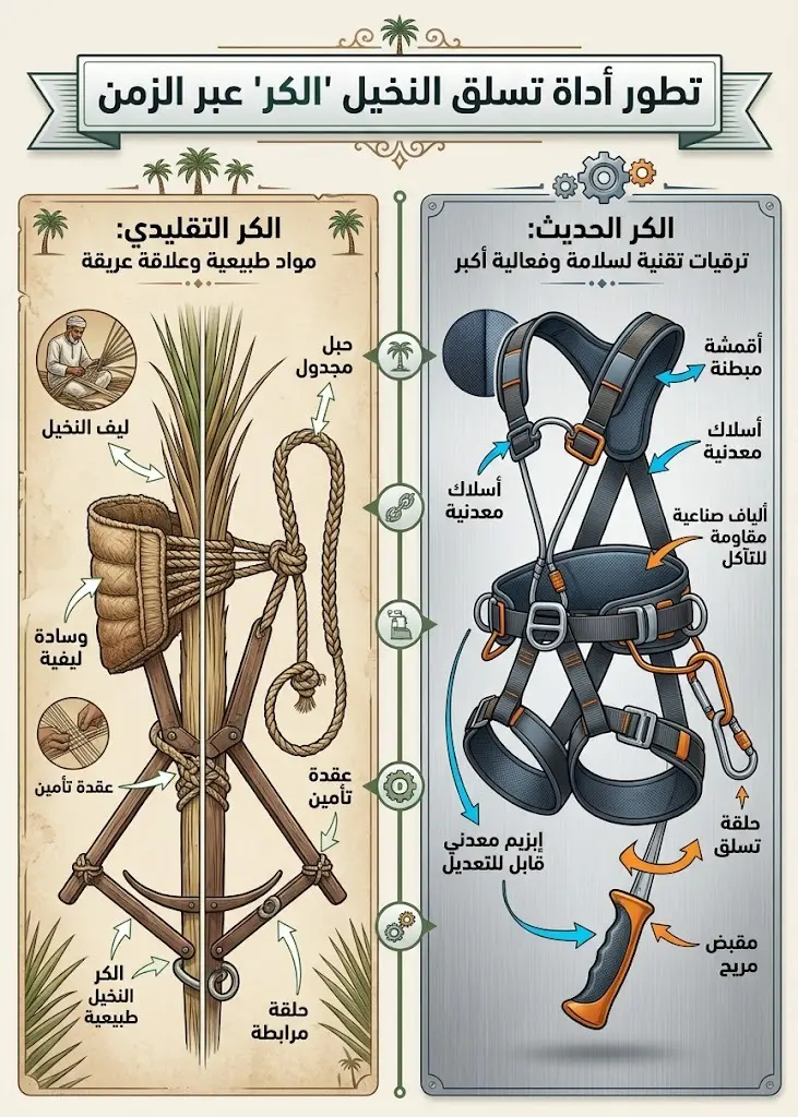 إنفوجرافيك يوضح مراحل تطور أداة الكر من استخدام ليف النخيل التقليدي إلى دمج الأسلاك المعدنية والأقمشة المبطنة.