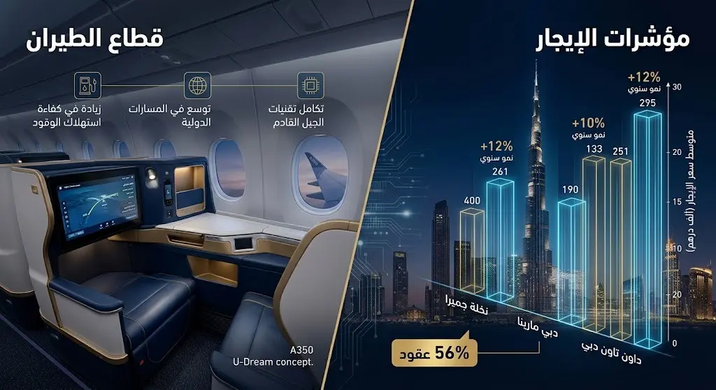إنفوجرافيك مزدوج يستعرض أحدث ابتكارات مقصورات الطيران جنباً إلى جنب مع إحصائيات الإيجار في دبي