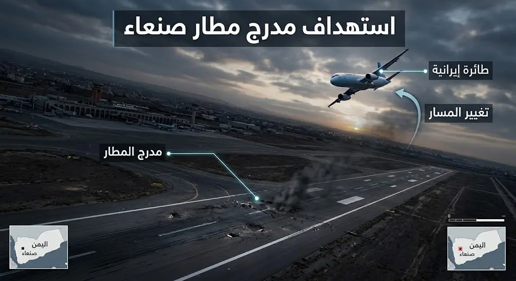 تصميم بصري يعرض استهداف مدرج مطار صنعاء الدولي وتغيير مسار الطائرة الإيرانية لمنعها من الهبوط.