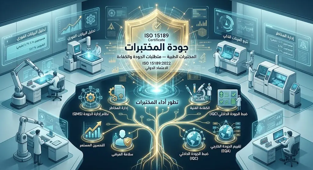 تصميم إبداعي يبرز حصول مركز البحوث الطبية والتشخيصية على شهادة الآيزو للمختبرات الطبية.