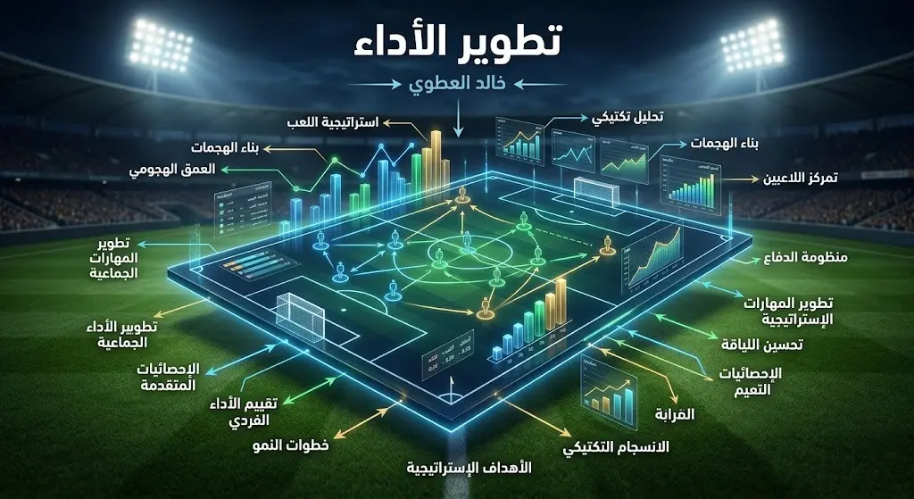 إنفوجرافيك تكتيكي يوضح خطة تطوير أداء فريق الفتح وبناء منظومة تنافسية بقيادة المدرب الوطني خالد العطوي.