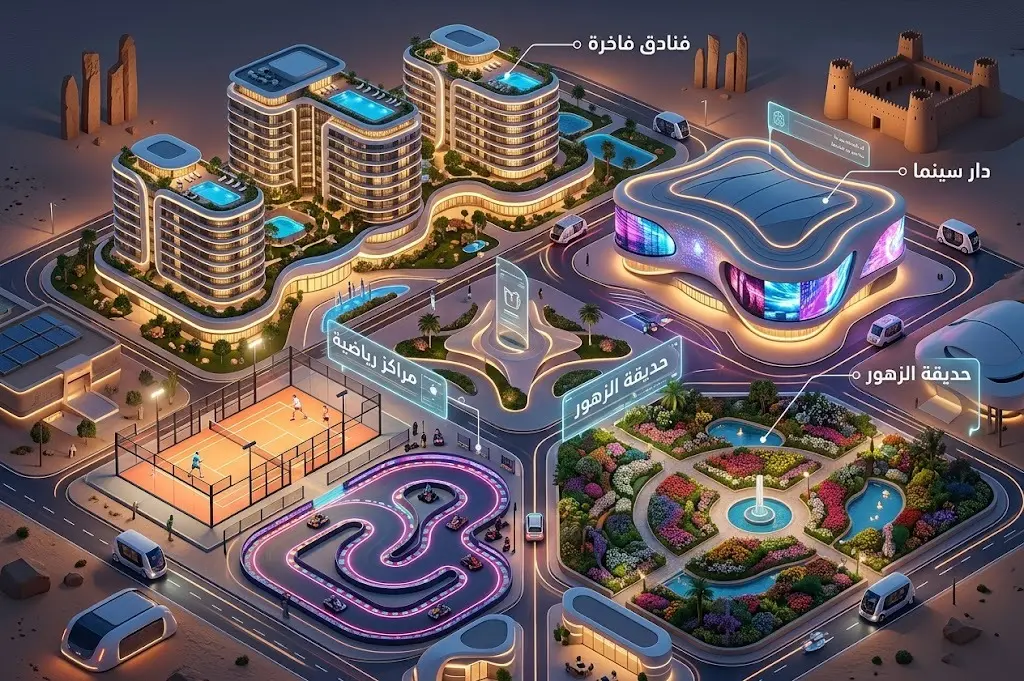 تصميم إبداعي لحي ذكي يضم مرافق سياحية وترفيهية متكاملة تشمل فنادق وملاعب وحدائق بمواصفات عصرية.