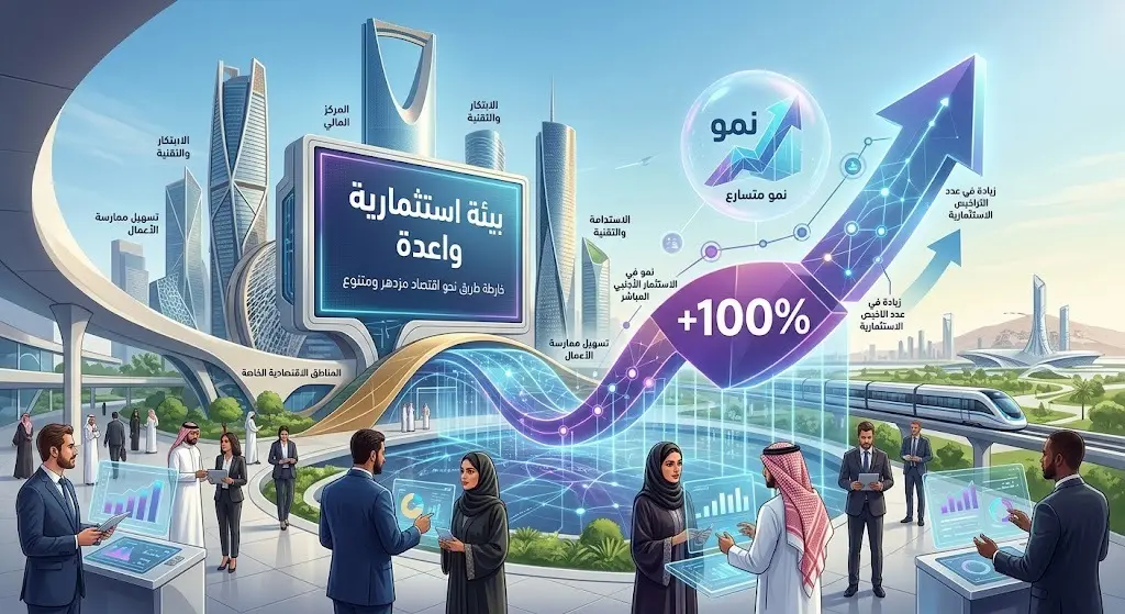 رسم تعبيري يظهر التطور المالي والاقتصادي للبيئة الاستثمارية في المملكة والاعتماد على التقنيات الحديثة.