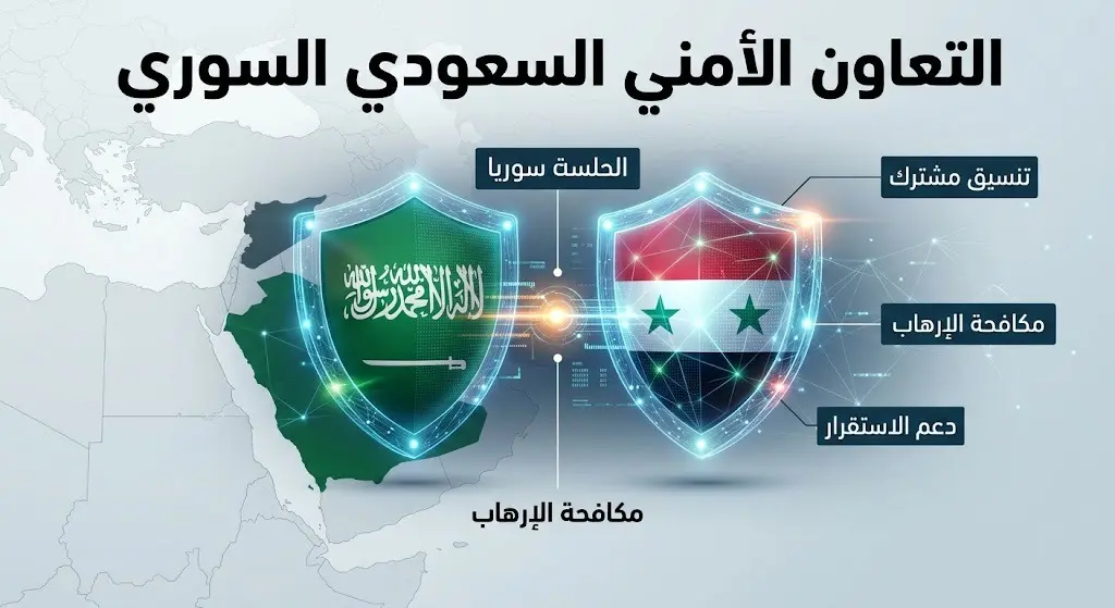 إنفوجرافيك احترافي يجسد التعاون الأمني الثنائي والتنسيق المشترك بين المملكة العربية السعودية وسوريا لمكافحة الإرهاب.
