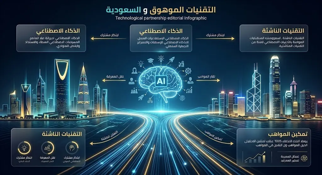 تصميم إنفوجرافيك إبداعي يبرز الشراكة التقنية بين المملكة العربية السعودية وهونغ كونغ في مجالات الذكاء الاصطناعي وتطوير التقنيات الناشئة وتمكين المواهب.