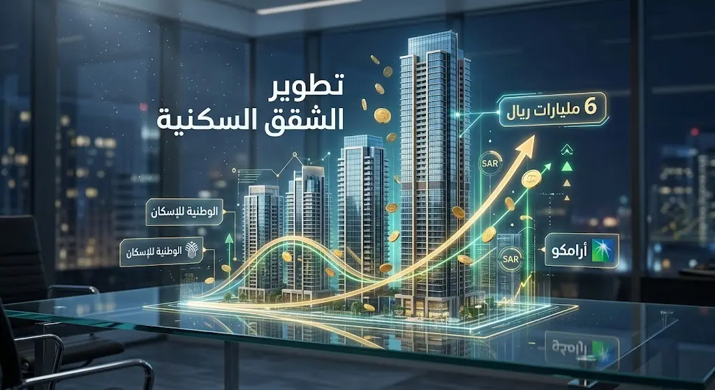 تصميم بياني يوضح تفوق الشقق السكنية في القيمة الإجمالية للمشاريع وتصدر الشركة الوطنية للإسكان قائمة كبار مُلاك المشاريع.