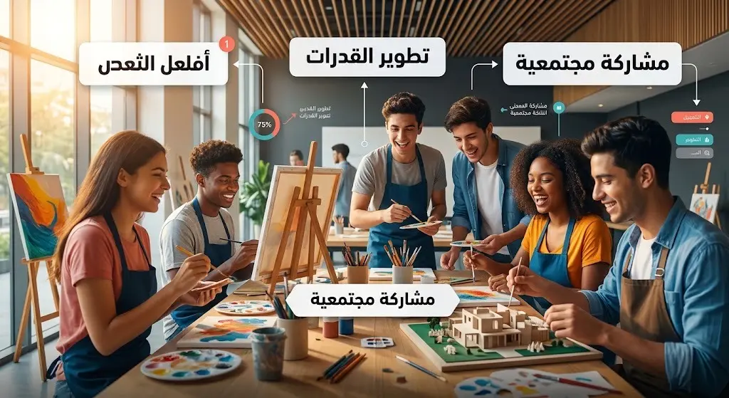 صورة تعبيرية تدمج مشاهد حية لشباب وأطفال في ورش فنية مع عناصر إنفوجرافيك تبرز تطوير المهارات والمشاركة المجتمعية.