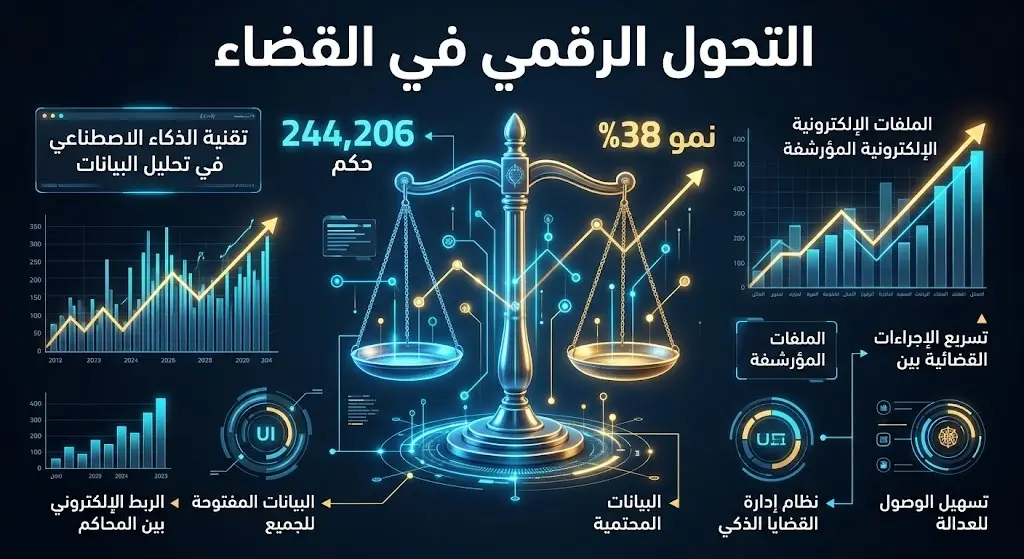 تصميم إنفوجرافيك احترافي يدمج بين رمز ميزان العدالة والعناصر الرقمية، يعرض إحصائيات التحول الرقمي في القضاء الإداري ونسب النمو القياسية بنسبة 38%.