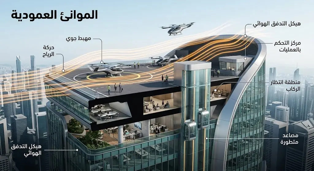 تصميم معماري ثلاثي الأبعاد يظهر محاكاة لحركة الرياح حول ناطحة سحاب تحتوي على مهبط للطائرات وأنظمة مصاعد متطورة تتصل به مباشرة.