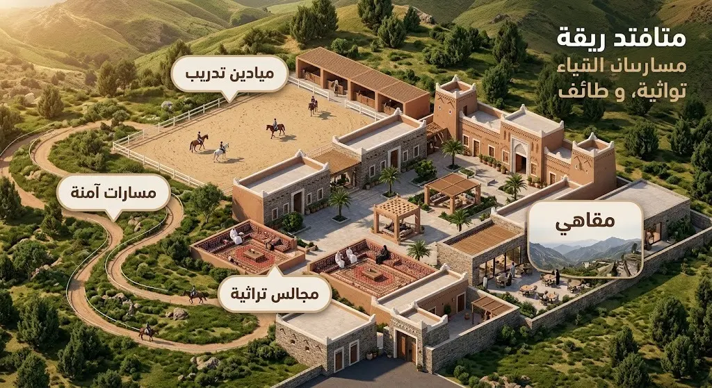 تصميم ثلاثي الأبعاد يوضح المخطط الشامل لتطوير مرافق مرابط الخيل، متضمناً ميادين التدريب، مسارات الركوب، والمقاهي التراثية.