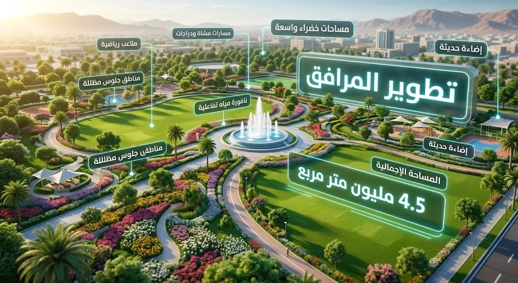إنفوجرافيك وتصميم إبداعي يبرز مساحات حائل الخضراء الشاسعة والنوافير والزهور الموسمية، مع نصوص توضح مساحة 4.5 ملايين متر مربع.