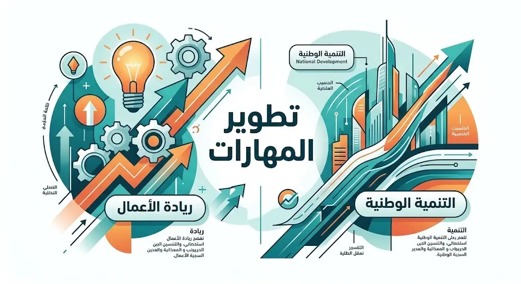 تصميم إبداعي يوضح محاور تطوير المهارات والتنمية الوطنية وريادة الأعمال للطلاب في البرنامج الصيفي.