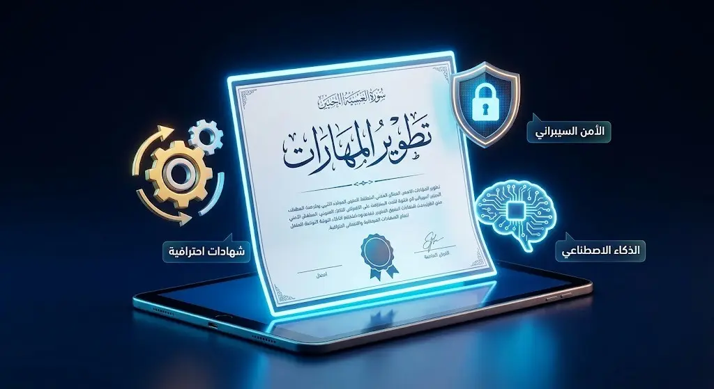تصميم إبداعي يعرض شهادات احترافية مضيئة وأيقونات لمهارات المستقبل كالذكاء الاصطناعي والأمن السيبراني لربط التخصصات بسوق العمل.