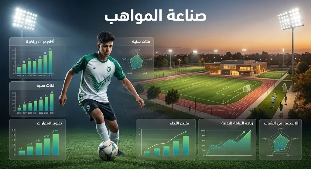 صورة تعبيرية تدمج عناصر بيانية تسلط الضوء على دور الأكاديميات وملاعب الأحياء في صقل المواهب الرياضية الشابة.