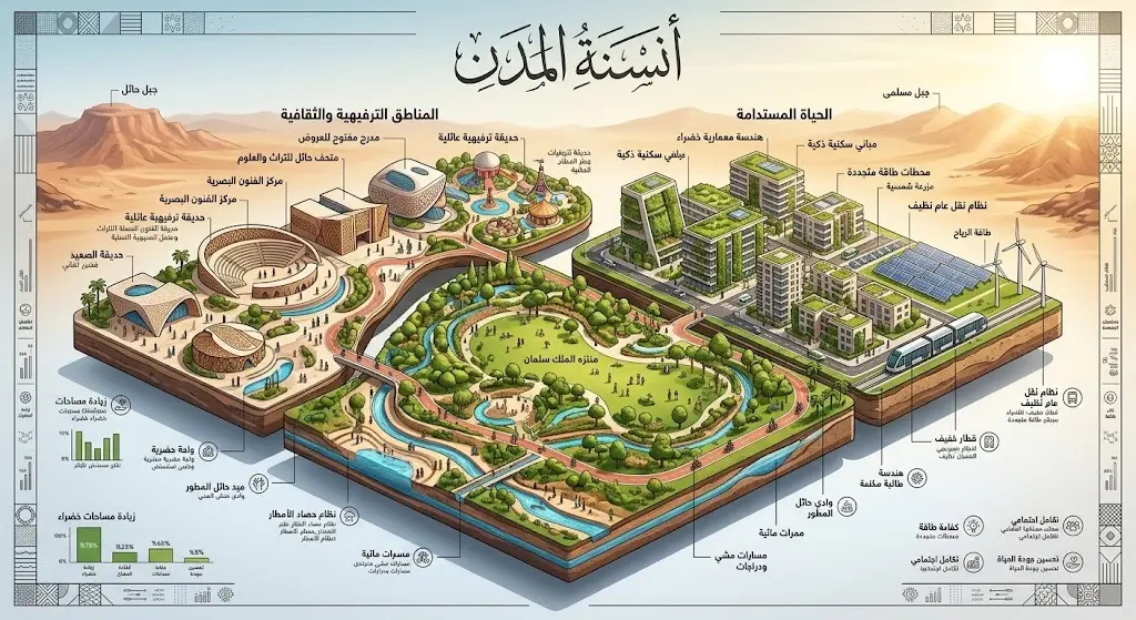 تصميم فني يدمج بين المسطحات الخضراء والمرافق الحضرية الحديثة للتعبير عن مشاريع أنسنة المدن في حائل.