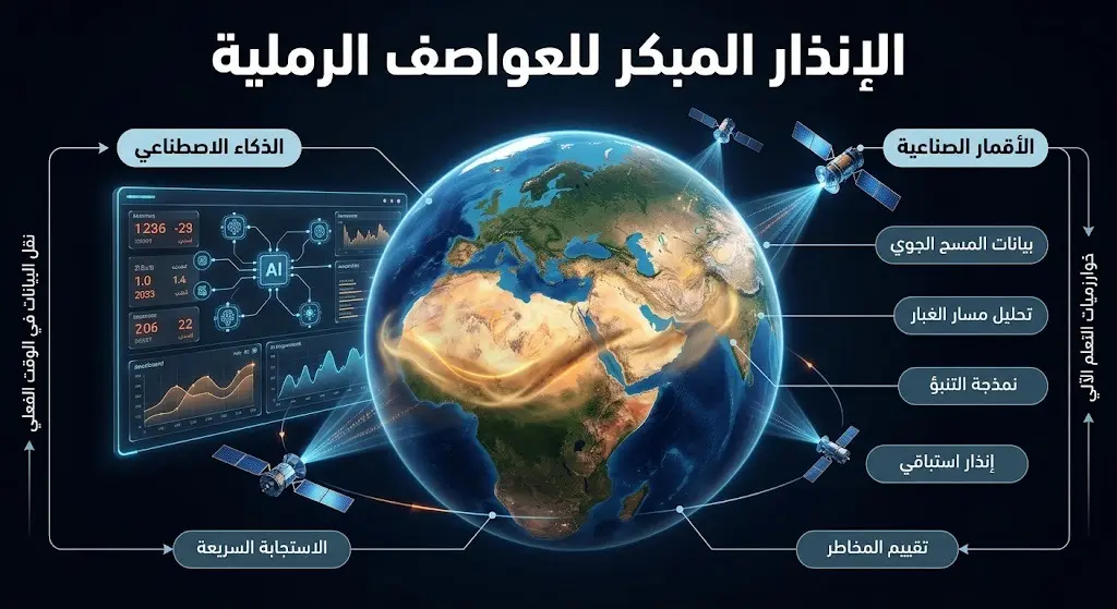 رسم توضيحي متطور يدمج الأقمار الصناعية والذكاء الاصطناعي لرصد وتتبع العواصف الرملية