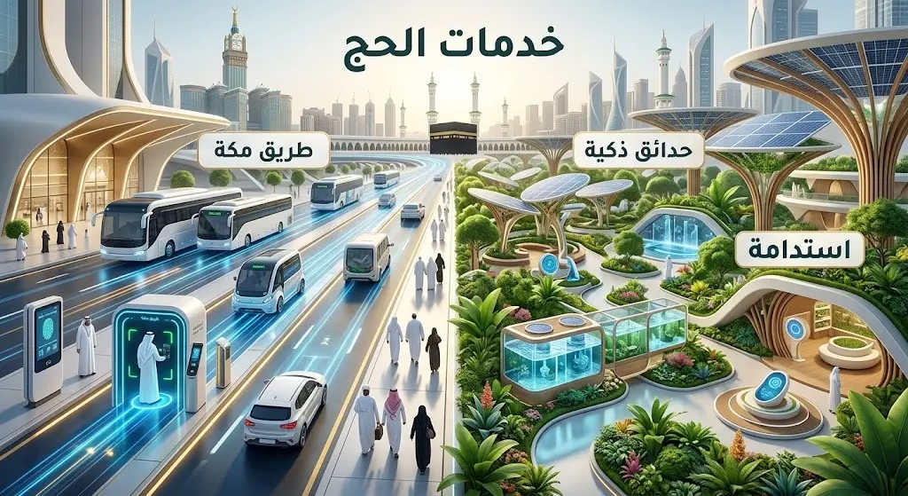 مشهد تعبيري يدمج بين التقنيات الحديثة في خدمات الحج ضمن مبادرة طريق مكة، إلى جانب التطور المستدام والذكي لمشاريع الحدائق الكبرى والمرافق التنموية.
