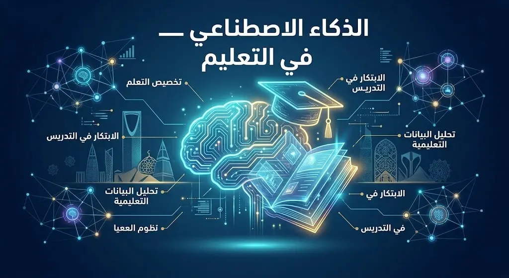 تصميم فني إبداعي يدمج بين العقل الرقمي المضيء ورموز التعليم الحديثة تعبيراً عن إدراج الذكاء الاصطناعي في المناهج السعودية.