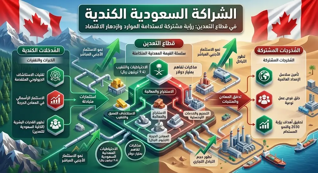إنفوجرافيك احترافي يجسد الشراكة الاستراتيجية ومسارات التعاون بين السعودية وكندا في قطاع التعدين والاستثمارات المتبادلة.
