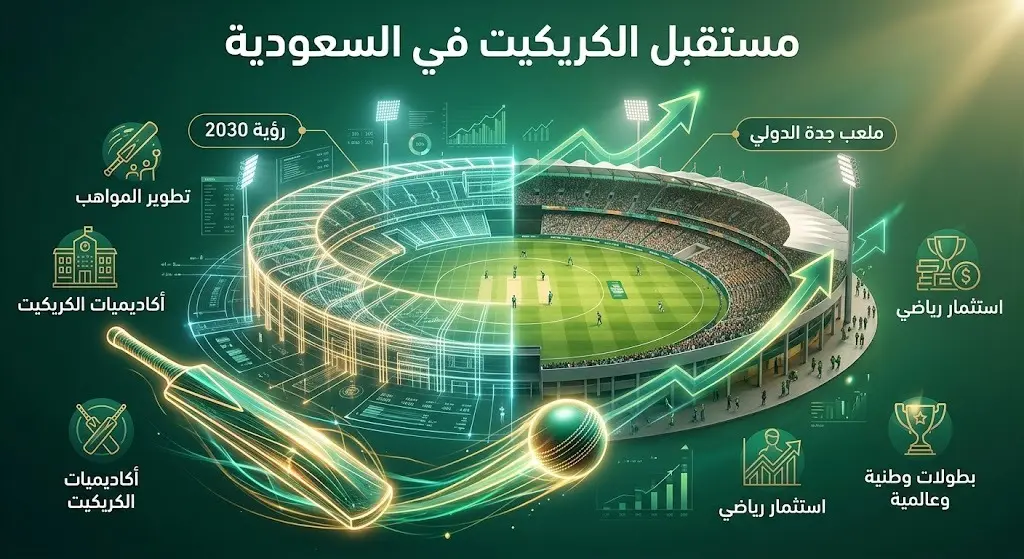 تصميم إنفوجرافيك يوضح خطوات تطوير منظومة الكريكيت في السعودية ومستهدفات إنشاء ملعب جدة الدولي