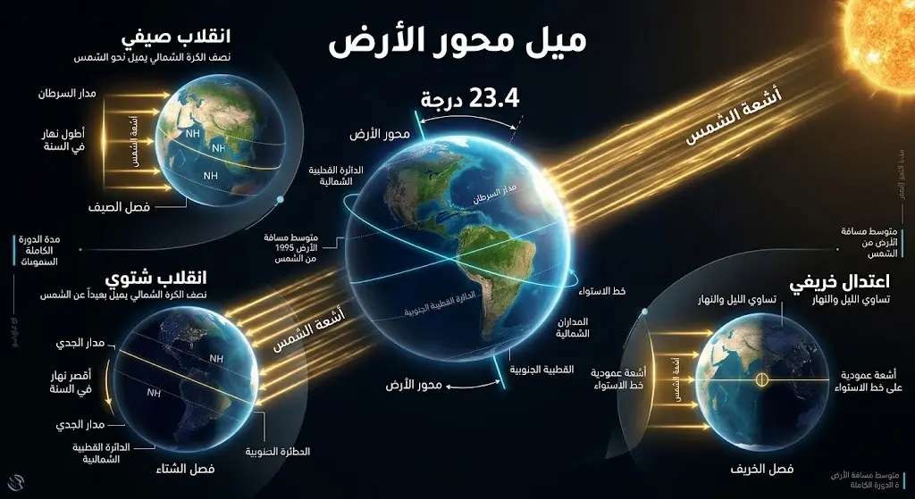 رسم توضيحي يبرز ميل محور الأرض بزاوية 23.4 درجة وتأثيره على تعاقب الفصول وتوزيع أشعة الشمس.
