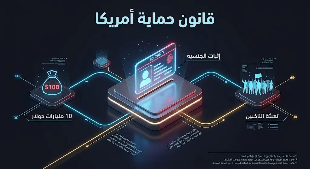 إنفوجرافيك يوضح بنود قانون حماية أمريكا وتفاصيل المنح البالغة 10 مليارات دولار واشتراط إثبات الجنسية للتصويت.