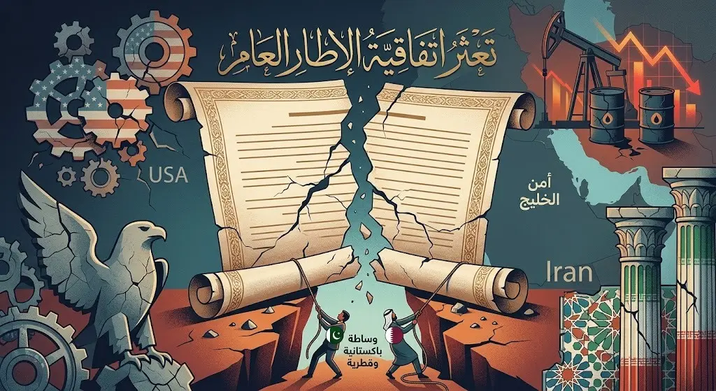 تصميم تعبيري يظهر فشل اتفاقية الإطار العام بين أمريكا وإيران وتأثير ذلك على أمن الخليج