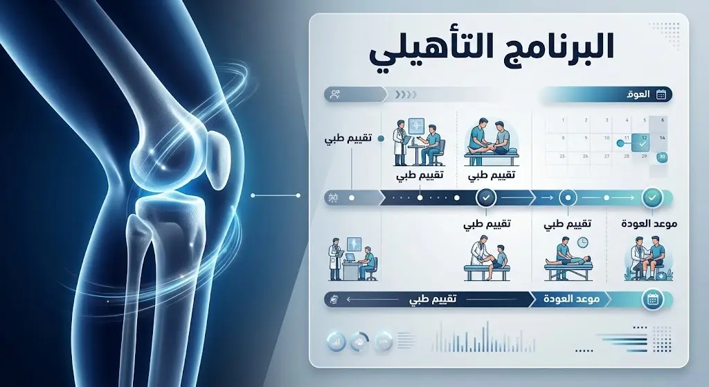 إنفوجرافيك طبي رياضي يوضح تفاصيل البرنامج التأهيلي الجديد لإصابة ركبة اللاعب وتعديل موعد عودته للملاعب.