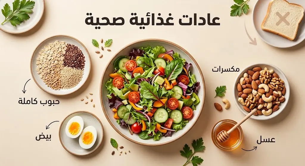 إنفوجرافيك يوضح البدائل الغذائية الصحية لمرضى القولون مثل الحبوب الكاملة والمكسرات والخضراوات بدلاً من الخبز الأبيض.