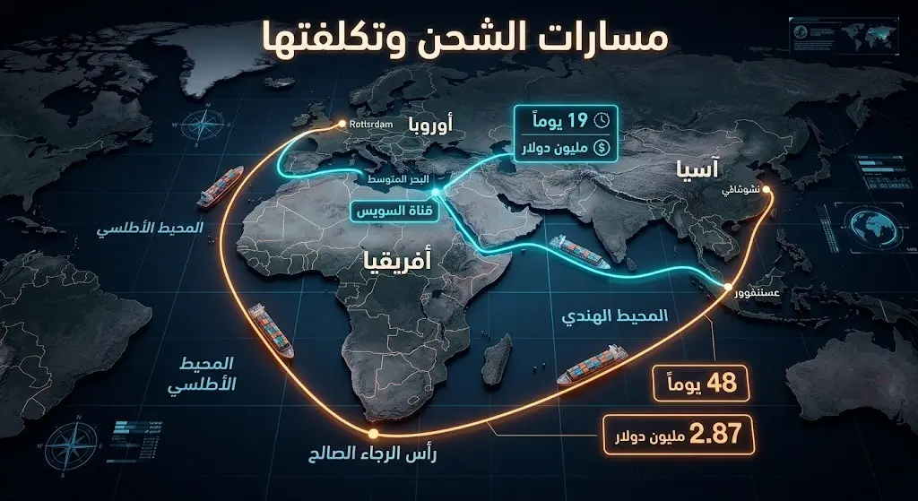 إنفوجرافيك لخرائط الملاحة يقارن بين تكلفة ومدة مسارات الشحن الأصلية والبديلة عبر رأس الرجاء الصالح.