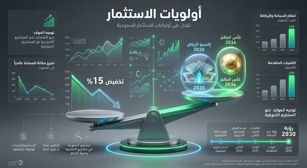 تصميم بياني يصور أولويات الاستثمار الجديدة في السعودية، تظهر فيه أيقونات تمثل إكسبو الرياض 2030 وكأس العالم 2034 مقابل مؤشر يرمز لتعديلات الإنفاق الرأسمالي بنسبة 15 بالمئة.