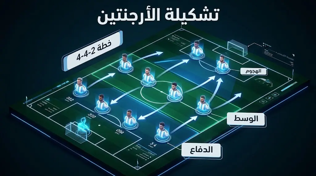 رسم تكتيكي يوضح التشكيلة الأساسية المتوقعة لمنتخب الأرجنتين بخطة 4-4-2 في مواجهة إسبانيا