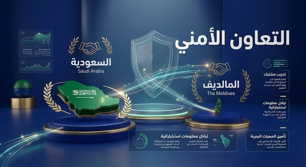 تصميم إنفوجرافيك عصري يجسد التعاون الدفاعي والأمني بين المملكة العربية السعودية وجمهورية المالديف، مع رموز بصرية تعبر عن درع الأمن والاستقرار الإقليمي.