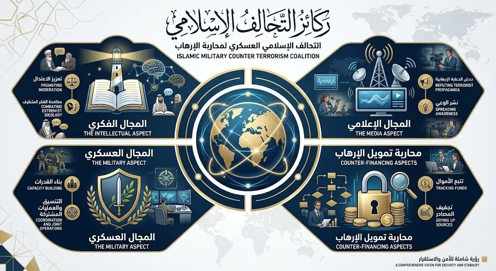 إنفوجرافيك يوضح الركائز الأربعة للتحالف الإسلامي العسكري لمكافحة الإرهاب وتكاملها مع الجهود الدولية.