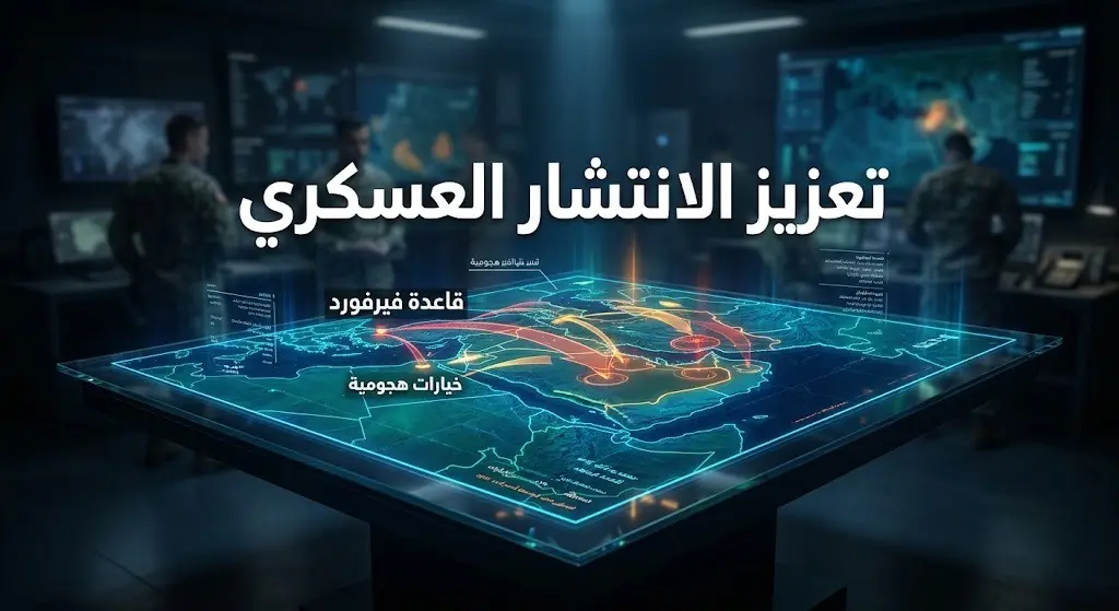 تصميم بصري يجسد خريطة تفاعلية للانتشار العسكري الأمريكي والخيارات الهجومية في المنطقة