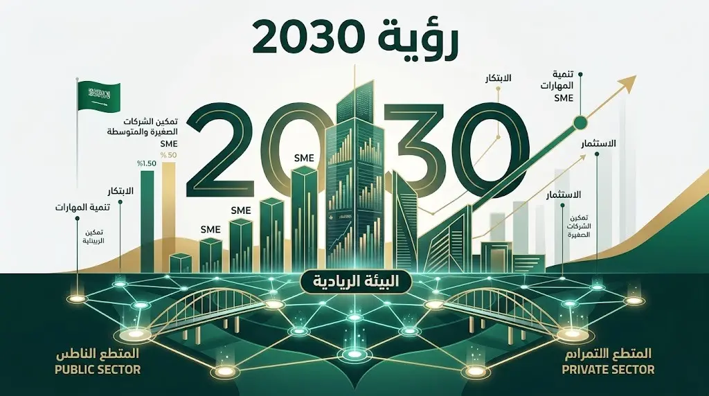 تصميم بصري يبرز تكامل القطاعين الحكومي والخاص لدعم المنشآت الصغيرة والمتوسطة ضمن مستهدفات رؤية 2030.