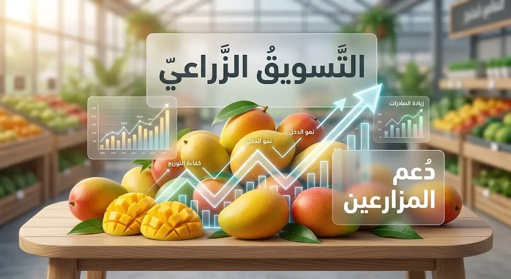 تصميم تعبيري يدمج بين ثمار المانجو ومؤشرات النمو الاقتصادي للدلالة على نجاح التسويق الزراعي