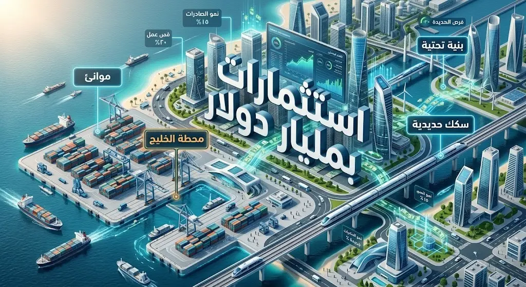 تصميم مرئي يوضح حجم الاستثمارات السعودية المرتقبة في بنجلاديش بقيمة مليار دولار، وتوزيعها على قطاعات الموانئ والسكك الحديدية والبنية التحتية.