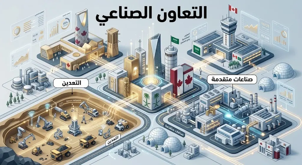 إنفوجرافيك إبداعي يجسد التعاون الاستراتيجي بين السعودية وكندا في قطاعات الصناعة المتقدمة واستكشاف المعادن.
