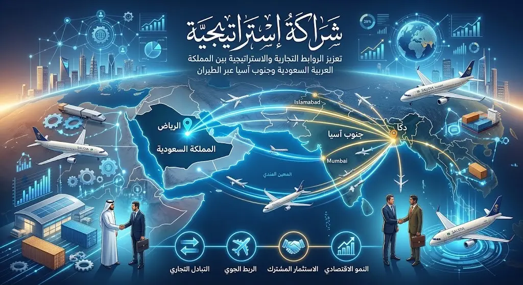 رسم تعبيري يبرز تعزيز الروابط الاستراتيجية والتجارية بين السعودية وبنغلاديش عبر التوسع في شبكات الطيران المباشر للرياض.