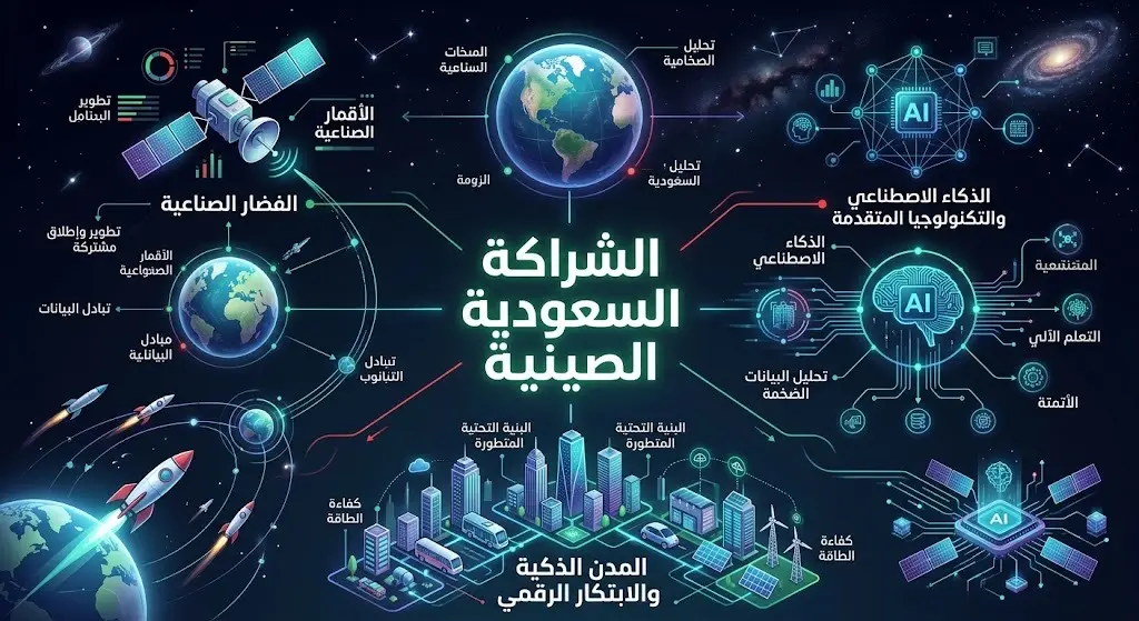 تصميم إنفوجرافيك عصري يبرز مجالات التعاون بين السعودية والصين في قطاعات الفضاء والذكاء الاصطناعي وتصنيع الأقمار الصناعية.
