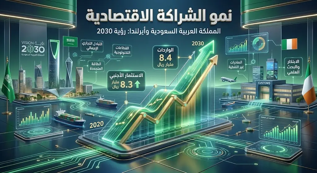 إنفوجرافيك ثلاثي الأبعاد يستعرض بالأرقام نمو الاستثمارات الأجنبية والتبادل التجاري بين السعودية وأيرلندا ضمن مسارات رؤية 2030.
