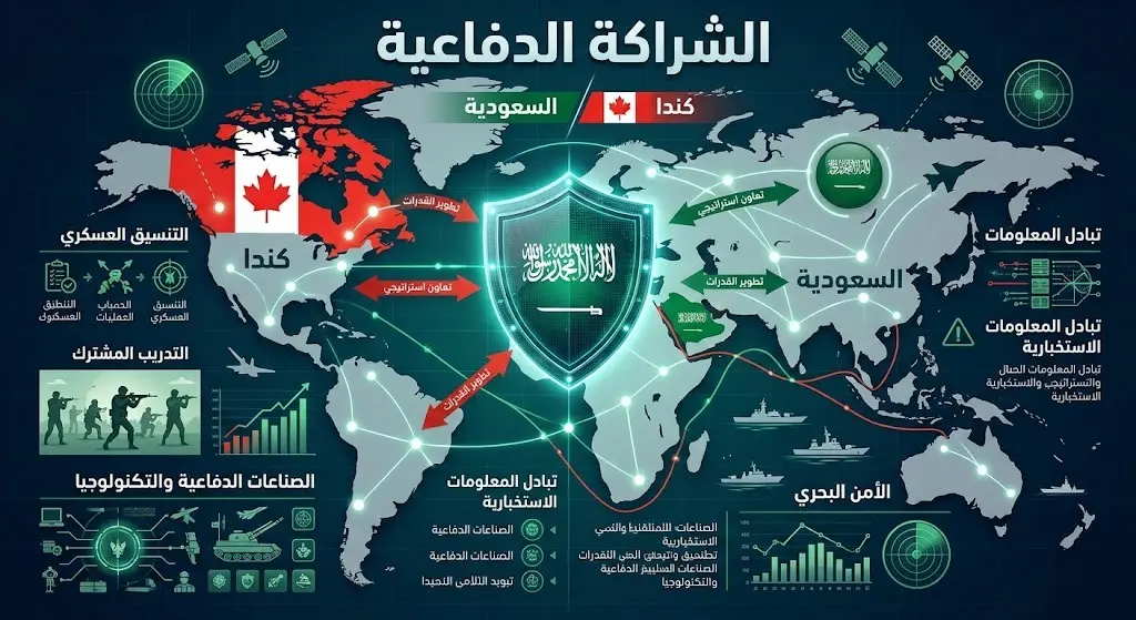 تصميم بصري احترافي وإنفوجرافيك يجسد متانة الشراكة العسكرية والدفاعية بين المملكة العربية السعودية وكندا من خلال رموز دروع رقمية وخطوط استراتيجية.