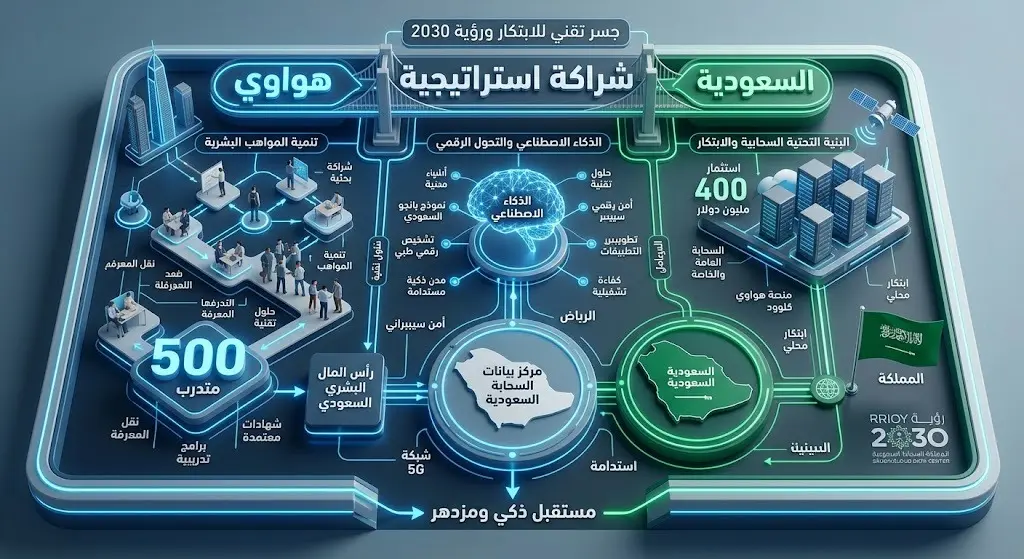 تصميم إنفوجرافيك يستعرض الشراكة الاستراتيجية لتأهيل 500 شاب سعودي في مجالات الذكاء الاصطناعي بالتعاون مع هواوي.