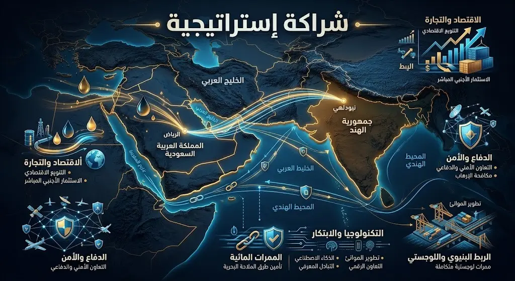 تصميم بصري يبرز خطوط الشراكة الإستراتيجية وممرات الطاقة والتعاون الإقليمي بين المملكة العربية السعودية والهند