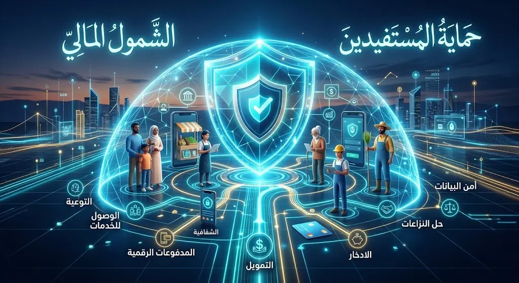 تصميم إبداعي يعرض درعاً رقمياً يحيط بشبكة من الأفراد، في دلالة على حماية المستفيدين وتوسيع نطاق الشمول المالي بأمان.
