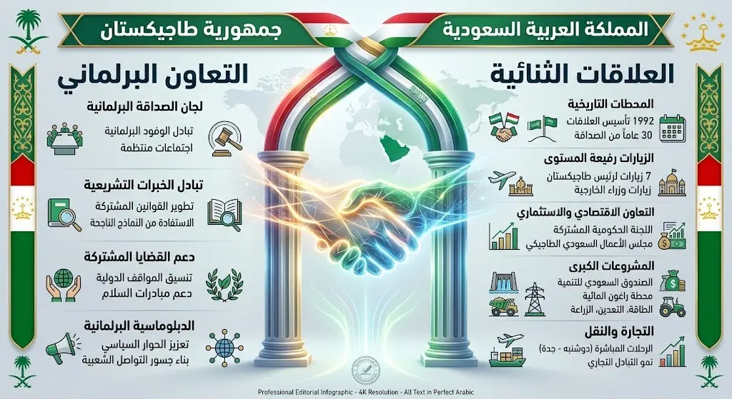 تصميم بصري يعبر عن متانة العلاقات الدبلوماسية والبرلمانية بين المملكة العربية السعودية وجمهورية طاجيكستان.